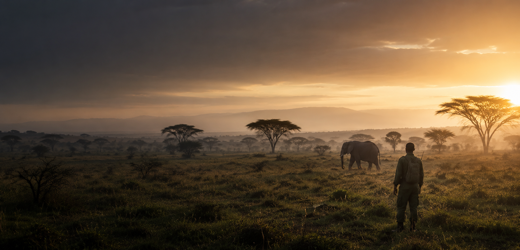 A field worker observing an elephant on the savanna at sunrise